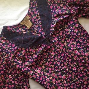 Floral Blouse Peasant Shirt Top Flowers Pink Navy
